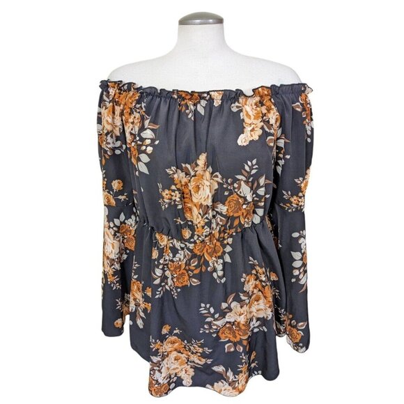 Fairy Goth Top Womens Plus 2XL Black Brown Floral Cottage Y2K Bell Long Sleeve - Picture 2 of 9